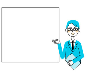 案内する眼鏡のビジネスマン　コピースペース　イラスト