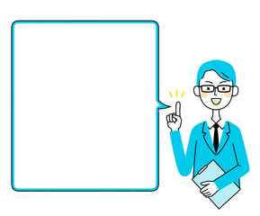 案内する眼鏡のビジネスマン　吹き出し　イラスト