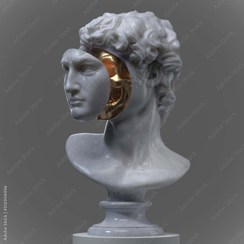 Poster abstract digital illustration from 3d rendering of a classical white marble head bust with face off,