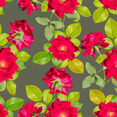Seamless floral pattern with red roses on a gray background.