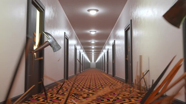 Horror scene. A murderer is smashing a door with an axe. Corridor in the hotel.