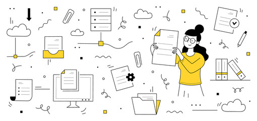 Data archive organization, office documents and files storage. Vector hand drawn illustration of woman sorts and organizes papers. Icons of folders, digital information in computer and cloud