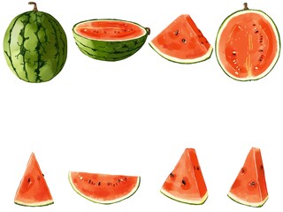 手描き水彩のすいかイラスト長方形フレーム・上下