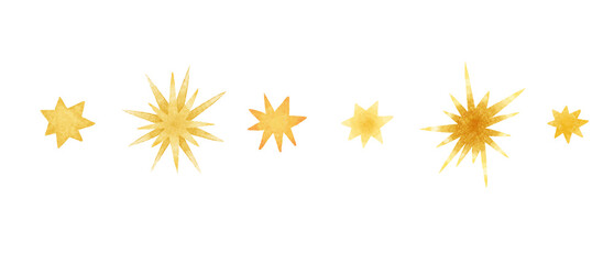 Isolated hand painted illustration of yellow and orange stars , clouds, drops on white background,  set