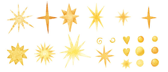 Isolated hand painted illustration of yellow and orange stars , clouds, drops on white background,  set