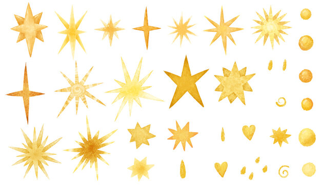 Isolated hand painted illustration of yellow and orange stars , clouds, drops on white background,  set