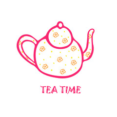Postcard with the image of a pink teapot with flowers on a white background. Vector illustration with inscription tea time.