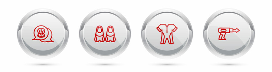 Set line Scallop sea shell, Flippers for swimming, Wetsuit scuba diving and Fishing harpoon. Silver circle button. Vector