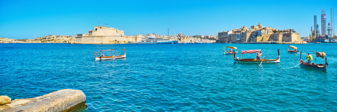 Panorama Of Grand Harbour With Dghajsa Boats, Valletta, Malta.