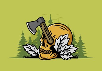 an ax stuck in the skull illustration design