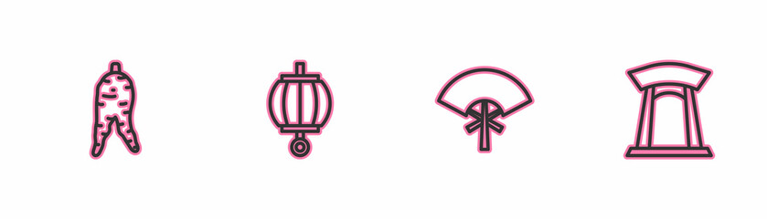 Set line Ginseng root, Traditional fan, Korean lantern and gate icon. Vector