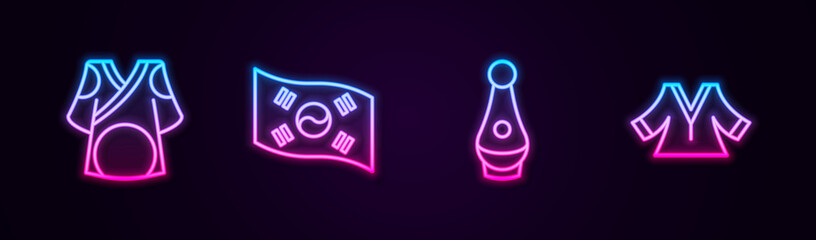 Set line Kimono, South Korea flag, Soju bottle and . Glowing neon icon. Vector