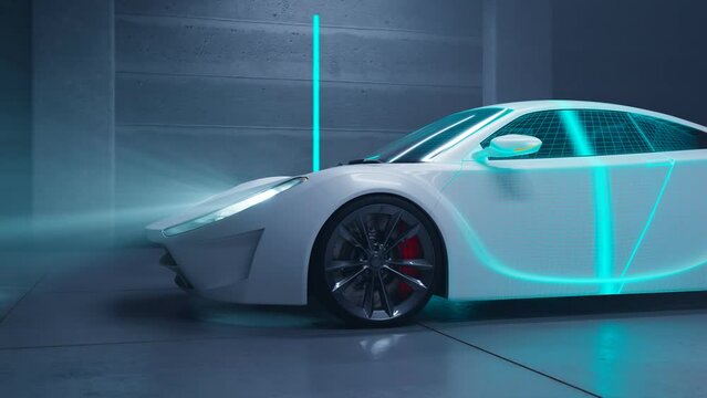 A futuristic concept sport car is scanned in the garage. Wireframe is visible.