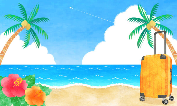 夏の海辺のリゾート　手描き水彩イラスト