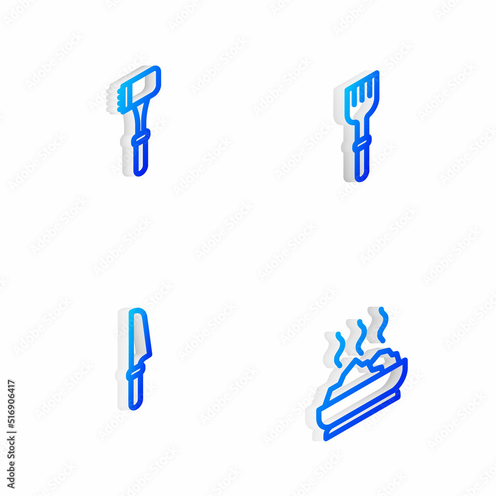 Sticker set isometric line fork, kitchen hammer, knife and bowl of hot soup icon. vector