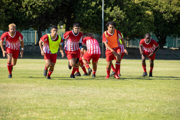 Obraz premium Multiracial male soccer players wearing red sports uniforms running on grassy field at playground