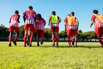 Rear view of male multiracial soccer teammates wearing red uniforms running on grassy field