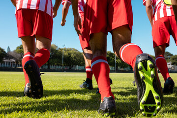 Obraz premium Low section of multiracial male athletes wearing red uniform and soccer shoes running on grassy land