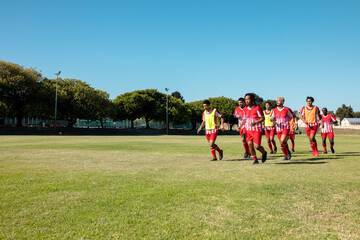 Multiracial male soccer team wearing red uniforms running on grassy land against clear sky