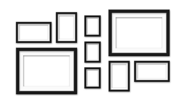 Dark photo frames on white background - Realistic empty photo frames of different size and shape - Mockups for gallery, exhibitions, photo borders - 3D Illustration