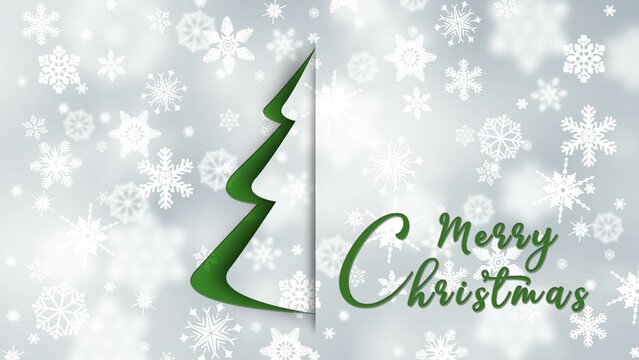 Merry Christmas - text and christmas tree in paper cut on background with snowflakes - 3D Illustration