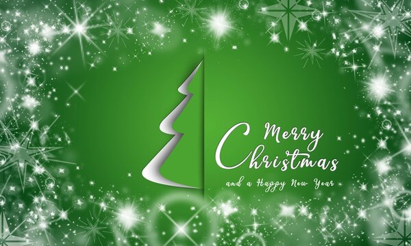 Merry Christmas and Happy New Year text and christmas tree in paper cut on green background with snowflakes - 3D Illustration