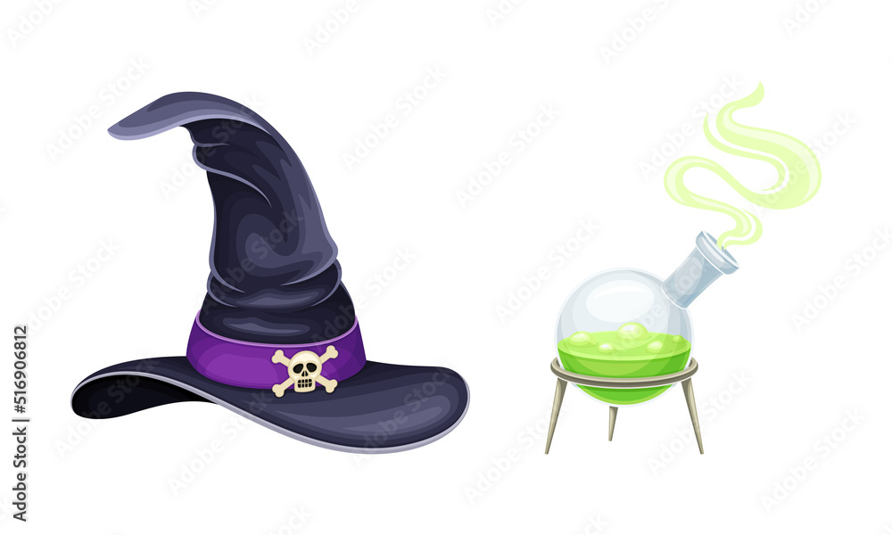 Poster glass flask with boiling potion and witch hat. witchcraft objects set cartoon vector illustration