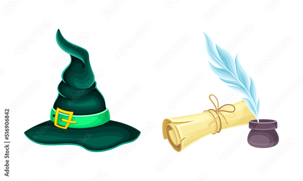 Poster witch hat and ancient paper scroll. witchcraft objects set cartoon vector illustration