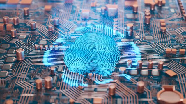 A blue digital fingerprint glowing on a glamour personal computer circuit board.