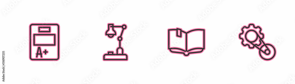 Poster set line exam sheet with a plus grade, open book, table lamp and timing belt kit icon. vector