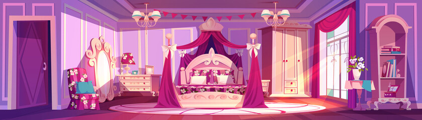 Princess bedroom in royal house, palace or castle. Vector cartoon illustration of luxury room interior with bed with canopy, mirror, chair, wardrobe, pink curtains and bookcase - obrazy, fototapety, plakaty