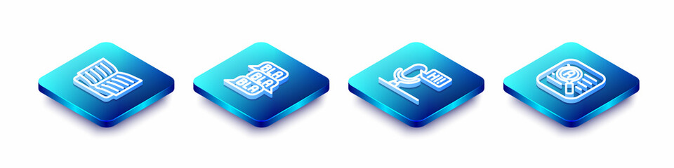 Set Isometric line Open book, Speech bubble chat, Microphone voice device and Translator icon. Vector