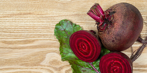 Fresh beets. Beets leaves and fresh beetroot. With copy space.