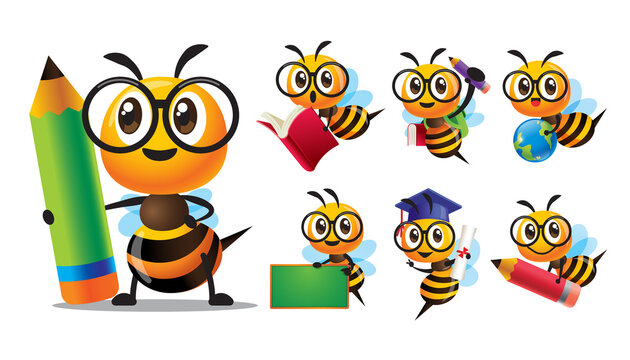 Cartoon cute bee character with glasses back to school series with different poses. Cute Bee holding pencil, holding book, carry blackboard and globe. Vector mascot set collection