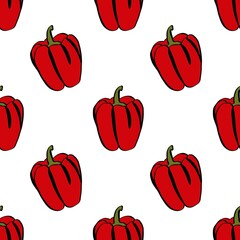 A simple doodle illustration of bright juicy sweet pepper. Sweet Bulgarian pepper. Seamless pattern.