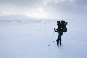 Fototapeta na wymiar Young woman with hiking poles in snowy field