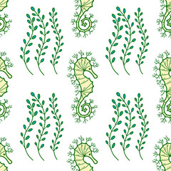 Naklejka premium Seamless vector pattern with algae and sea horse on white background.