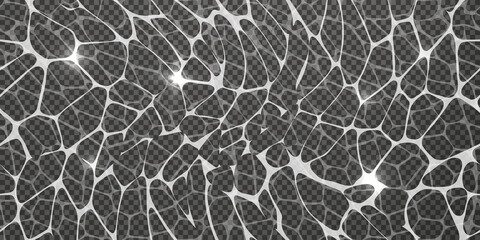 Transparent imitation of water movement under illumination. Top view of the liquid surface with caustic ripples as a seamless pattern on black background. The texture of the pool with sun glare.