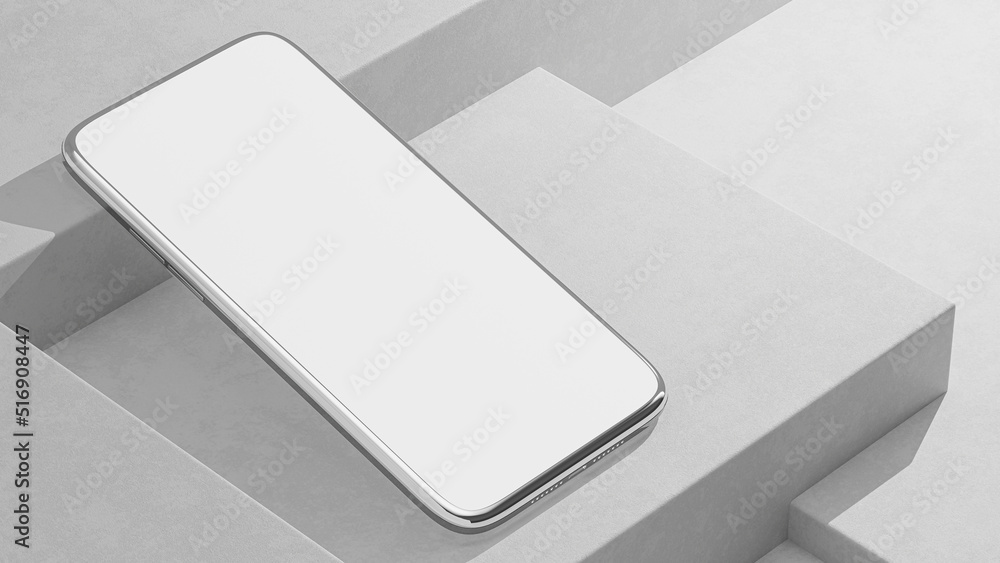 Aufkleber metallic phone mock-up placed on top of stacked white square shapes background. minimal idea concept
