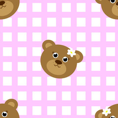 Vector seamless pattern with teddy bears on pinkcheckered background