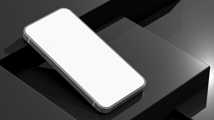 Metallic phone Mock-Up placed on top of stacked black square shapes background. Minimal idea concept, 3D Render.