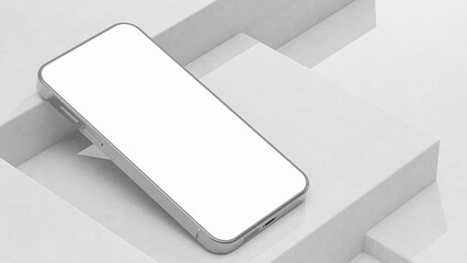 Metallic phone Mock-Up placed on top of stacked white square shapes background. Minimal idea concept, 3D Render.