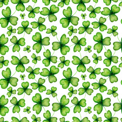 Watercolor seamless bright pattern with green clover for saint Patrick day on white background