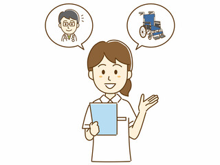 車椅子と医者の話をする看護師のイラスト