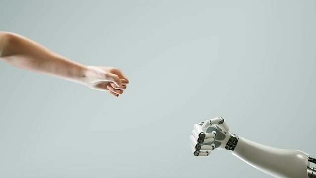 Futuristic concept of a robot playing with a human in a paper scissors rock game