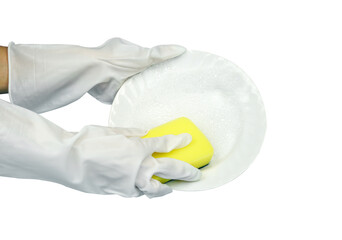 Women's hands in protective gloves with sponge and plate on white with clipping path.        