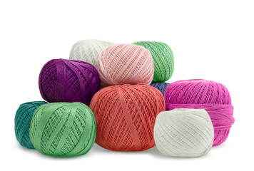 Multicolored woolen balls, yarn on white isolated background. Handmade, hobby, knitting. Copy space