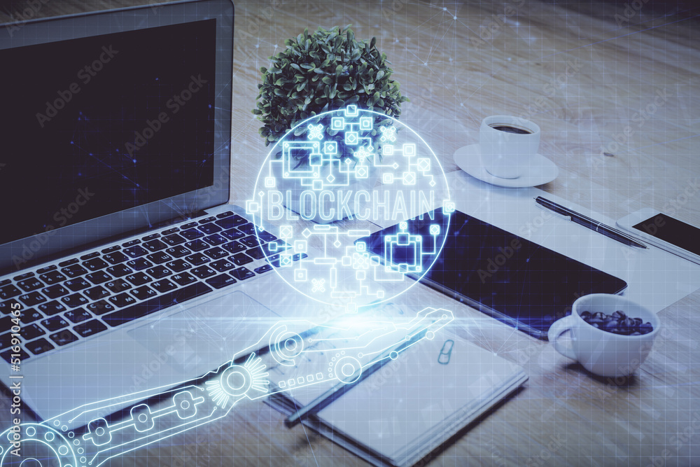 Aufkleber Double exposure of blockchain and crypto economy theme hologram and table with computer background. Concept of bitcoin cryptocurrency.