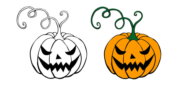 Vector simple scary spooky smiling Halloween pumpkin isolated. Jack o Lantern. Two variants - black contour for coloring in doodle style, color flat drawing. Traditional decoration symbol of holiday