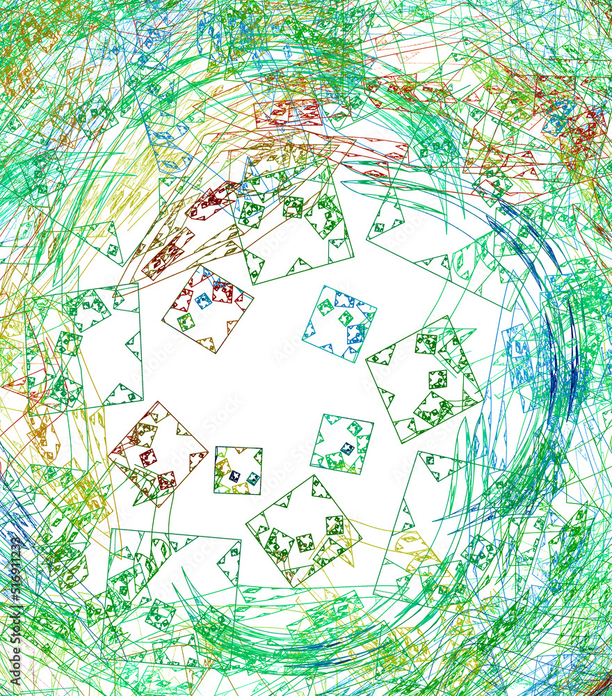 Poster multi colored doodles of geometric shapes and arc-shaped lines on a white background. abstract fract
